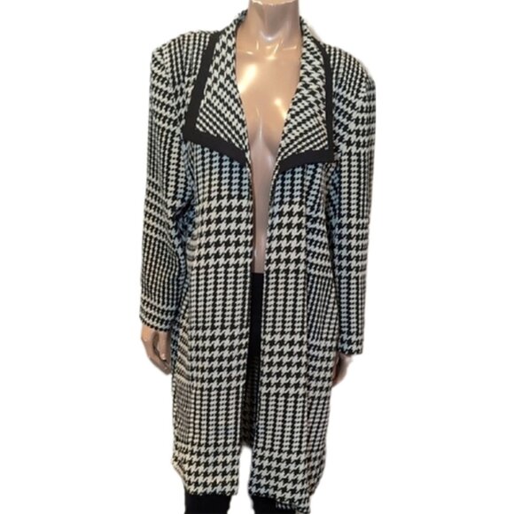 Vintage Houndstooth Overcoat Trench Duster Jacket Open Front Mid Length 80s 90s - Picture 1 of 13
